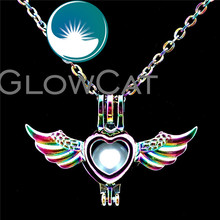 GLOWCAT C650 Rainbow Colors Eagle Wings Heart Beads Cage Essential Oil Diffuser Aromatherapy Pearl Cage Locket Necklace 2024 - buy cheap