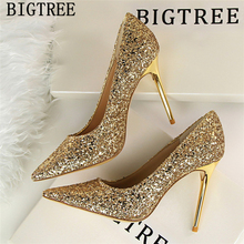 Обувь Bigtree; Блестящие женские туфли-лодочки на каблуке; Пикантная обувь золотистого цвета; Модельные туфли на шпильке; Женские туфли на высоком каблуке; Chaussures Femme Buty 2024 - купить недорого