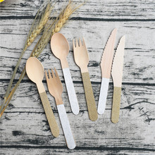 Wedding Party Favor 12pcs Glitter Gold silver sliver Disposable Wooden Cutlery Twinkling Spoons Forks Knives Party Supplies 2024 - buy cheap