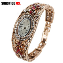 SUNSPICE-MS Vintage Cuff Bracelet Crystal Wist Watch Women Antique Gold Color Quartz Watch Digital Relogio Feminino Bridal Gift 2024 - buy cheap