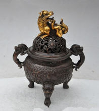 19.5 cm * / china bronze gilt foo dog lion beast satue incense burner Censer 2024 - buy cheap