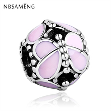 NBSAMENG 100% 925 Sterling Silver Beads Charms Round Pink Butterflies Charm Fit   Bracelets Women Beads For Jewelry Making 2024 - buy cheap