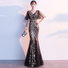Женское платье с коротким рукавом, золотое, с блестками, черное, Сетчатое, с треугольным вырезом, длинное, модное, элегантное, коктейльное, для вечеринок 2024 - купить недорого