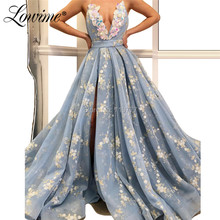 Blue Floral Pattern Party Dress Spaghetti Straps Evening Gowns 2019 Custom Made V Neck Sequin High Split Side Sexy Prom Dresses 2024 - buy cheap