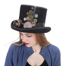 Top 13.5CM Black Wool Steampunk Top Hat For Women Men Steam Punk Glasses Gear Fedora Party Hat 2024 - buy cheap