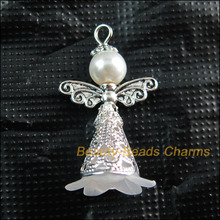 New 10Pcs White Acrylic Angel Wings Tibetan Silver Color Charms Pendants 22x37mm 2024 - buy cheap