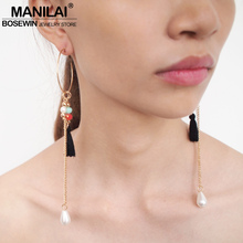 MANILAI Fashion Cute Circular Crystal Dangle Earrings Female Charm Imitation Pearl Cotton Tassel Long Earrings Brincos Jewelry 2024 - buy cheap