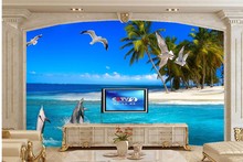 Большой фотообои на заказ. Оригинальные 3d обои с изображением дельфина, пальмы, чайки, моря, гостиной, ТВ, дивана, стены, спальни, 3d обои 2024 - купить недорого