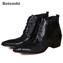 Batzuzhi Japanese Style Fashion Men Boots Pointed Toe Snake Pattern Leather Ankle Boots for Men 6.5CM Heels High Motocycle Boots 2024 - buy cheap