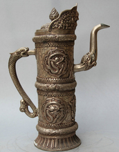 Collectible bronze S2099 14" Chinese palace Silver circular Dragon Beast handle stoup Wine Tea Pot Flagon 2024 - buy cheap