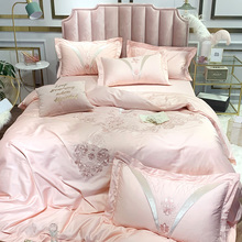 Embroidery sheet pillowcase duvet cover set New pink egyptian cotton bed linen bedclothes 4pcs/set adults set 2024 - buy cheap