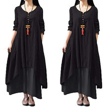 Women Autumn Cotton Loose Long Maxi Dress Long Sleeve Linen Solid Boho Dresses Plus Size 2024 - buy cheap
