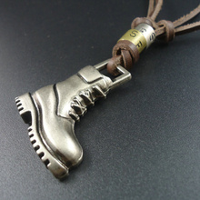 New Arrival Punk Style Long Brown Genuine Leather Vintage Cool Alloy Shoes Pendant Men Necklace Women Jewelry wholesale 2024 - buy cheap