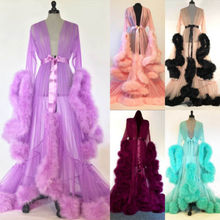 Sexy Lace Night Robe Women Kimono Night Maxi Dress Gown Mesh Long Sleeve Fur Babydoll Party Sleepwear Nightgrown Robes 2024 - buy cheap