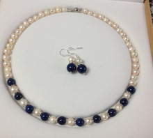 ¡Encantador! Conjunto de collar y pendientes de lapislázuli azul y Perlas cultivadas blancas Akoya 2024 - compra barato