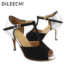 DILEECHI Women's Black Velvet silver flash Latin dance shoes soft outsole Ballroom dancing shoes Salsa Samba dance shoes 2024 - buy cheap