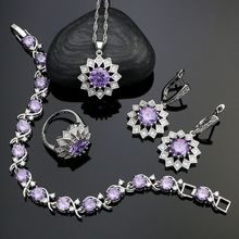 Conjuntos de joyas de plata esterlina 925 para mujer, aretes/colgante/Collar/anillo/pulsera de circonia cúbica púrpura y blanca para novia 2024 - compra barato