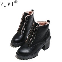 ZJVI Women Ankle Boots 2021 Woman Winter Autumn Boots Lace Up Boots Female Women's Square High Heels Shoes Warm Fur Ladies Plush 2024 - buy cheap