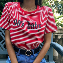 Camiseta de bebé de los 90 para mujer, Tops de moda para mujer, Camiseta de cuello redondo con letras estampadas Harajuku, Camiseta de rayas rojas 2018 2024 - compra barato