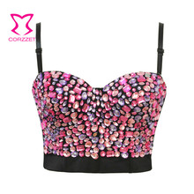 Sutiã com pedras brilhantes, cor-de-rosa, top gótico sexy com strass, push up, para dança noturna, roupa de balada, para mulheres 2024 - compre barato