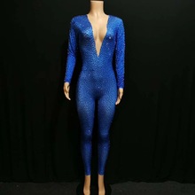 Сексуальный блестящий голубой костюм со стразами, Женский костюм для вечеринки, выпускного вечера, сексуальный костюм, одежда для сцены, танцевальный костюм для ночных клубов, певиц, танцевальный комбинезон 2024 - купить недорого