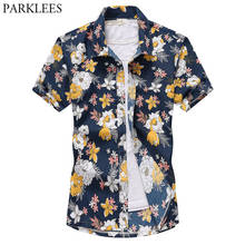 Camisa havaiana masculina com estampa floral, camisa casual para o verão de manga curta com flor tropical, camisas de praia azul marinho, camisas havaianas 2024 - compre barato