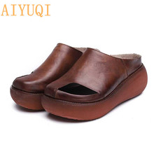 AIYUQI Women's Slippers 2021 New Summer genuine Leather Retro woman flip flops,shoes casual platform women's outdoor slippers 2024 - buy cheap