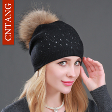 Winter Wool Women Beanies Rivets Decoration Pompon Fur Hats Fashion Natural Raccoon Fur Caps Female Warm Cashmere Knitted Hat 2024 - buy cheap