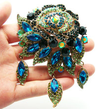 Fashion Vintage Style Art Deco Flower Rose Brooch Pin Pendant Green Cyan Rhinestone Crystal 2024 - buy cheap