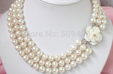 Free Shipping >Stunning 8-9mm 3Strands White Pearl Necklace cameo Clasp 2024 - buy cheap