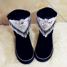 Winter handmade custom wind chimes increased 6CM snow boots wild rhinestones totem tassels warm women's boots. 2024 - buy cheap