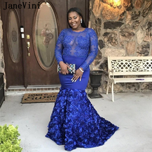 JaneVini Sexy African Long Sleeve Royal Blue Prom Dresses Appliques 3D Flowers Illusion Satin Mermaid Prom Dress for Black Girls 2024 - buy cheap