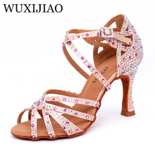 WUXIJIAO Women Salsa party Ballroom shoes Latin dance shoes big small rhinestone shining Bronze Skin Black satin  Cuba heel 9cm 2024 - buy cheap