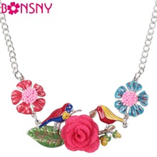 Bonsny Maxi Alloy Flower Bird Necklace Chain Enamel Jewelry Colorful Pendant 2016 New Fashion Jewelry For Women Statement Charm 2024 - buy cheap