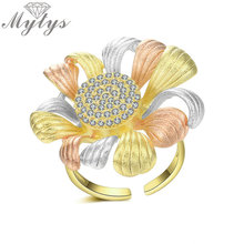 Mytys Three Tone Silver Yellow Rose Gold Flower Ring Adjustable Size Open Cuff Ring for Women Mix Gold Pave Setting CZ R2059 2024 - buy cheap