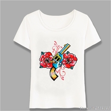 Новинка 2019, модная летняя футболка с татуировкой, милая женская футболка, футболка с принтом пистолета и розы и татуировок, топы питания для девочек, футболки в стиле Харадзюку 2024 - купить недорого