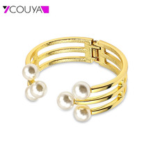 Pulseira vazada de ouro com pingente pérola, bracelete elegante e brilhante para meninas e mulheres presente 2024 - compre barato