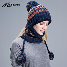 Winter Women Knitted Hat Scarf Two Pieces Set Fashion Wool Thickening Hat Collars Female Warm Hat Scarf Set Snow Caps 2024 - buy cheap