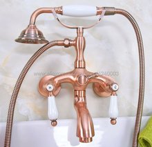 Antique Red Copper  Wall Mount Tub Faucet Wall Mounted Mixer Tap Ceramic Handles With Hand Shower Kna311 2024 - buy cheap