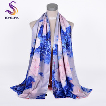 BYSIFA-bufanda de seda de peonías para mujer, chales largos de estilo chino, azul y rosa, cálidos y gruesos, 175x50cm, Otoño e Invierno 2024 - compra barato