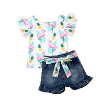 Toddler Baby Girl Clothes Set 2019 Summer Kid Outfit Fly Sleeve Top+Denim Shorts 2pcs Flamingo Watermelon Children Clothing Set 2024 - buy cheap