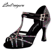 Ladingwu-zapatos de salón para mujer, calzado de baile latino para fiesta de Salsa, con diamantes de imitación grandes y pequeños, satén negro brillante, tacón de Cuba de 9cm 2024 - compra barato