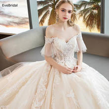 EveBridal Luxury Applique Beading A Line Boat Neck Flare Sleeve Wedding Dress Bridal Gown Floor Length Chapel Train 2024 - buy cheap