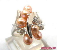 FREE SHIPPING >>>Real Pink Pearl 6 Beads Crystal Flower Ring Size: 7.8.9 2024 - buy cheap
