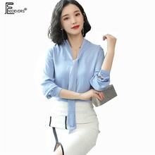 Blusa De manga larga con lazo para mujer, camisa básica coreana elegante para oficina, color azul y blanco, otoño 2024 - compra barato