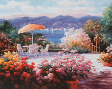 Cuadro de paisaje marino para silla de jardín, pintura al óleo sobre lienzo, cuadro decorativo, flores rosas, Mar Mediterráneo, Envío Gratis 2024 - compra barato