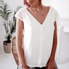 Женская однотонная белая кружевная шифоновая блузка с коротким рукавом, открытой спиной и V-образным вырезом, рубашки на пуговицах, топы, женская Повседневная модная рубашка для женщин 2024 - купить недорого