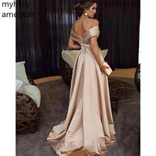 2021 New Cheap Design A Line Shoulder Celebrity Pink Evening Dresses Sweep Train Champagne Satin Ruched Famous Robe De Soiree 2024 - buy cheap