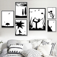 Cartoon Palm Tree Girl Yoga Landscape Nordic Posters And Prints Wall Art Canvas Painting Wall Pictures For Living Room Decor 2024 - buy cheap