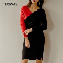 TEXIWAS-vestido elegante de punto con cuello en V para mujer, vestido ajustado de retales de color con abertura lateral para negocios y oficina, vestido de fiesta 2024 - compra barato